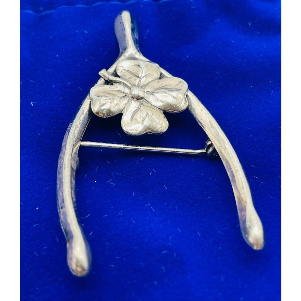 Vintage Sterling Silver Wishbone Brooch 4 Leaf Clover Repousse Pin Good Luck - Picture 2 of 8
